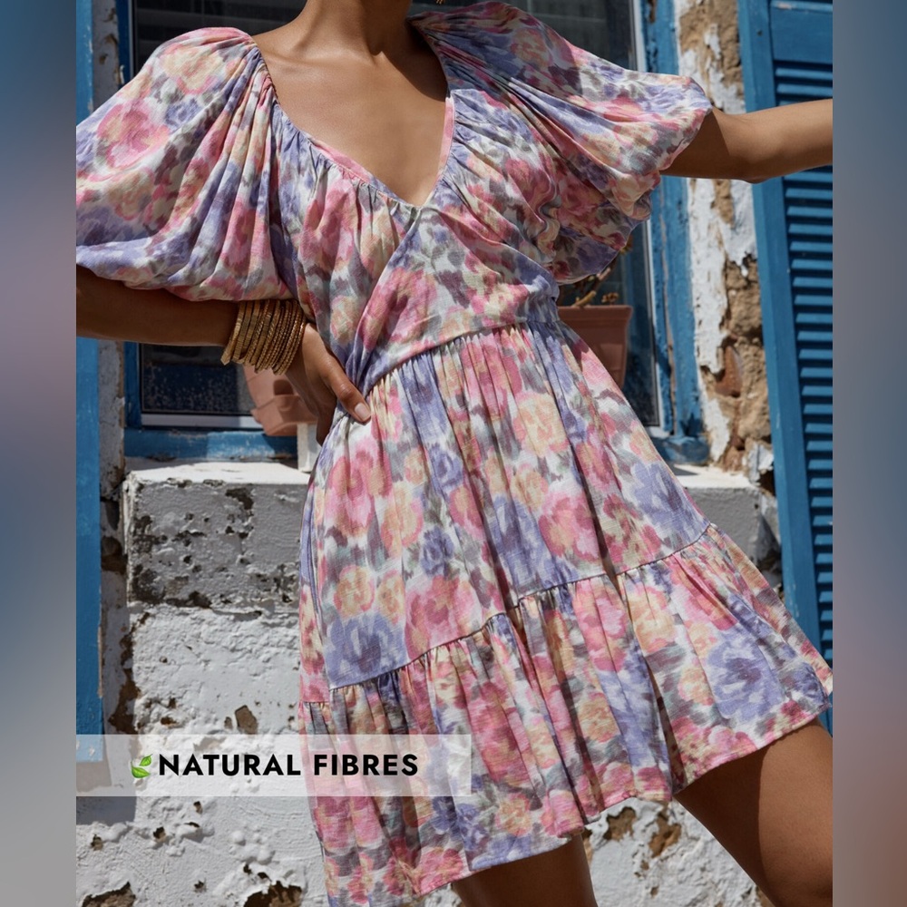 Showpo Pink and Blue Puff Sleeve Dress